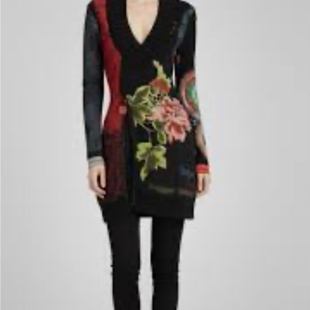 Desigual Black Floral Long Sleeve V-Neck Tunic Dress